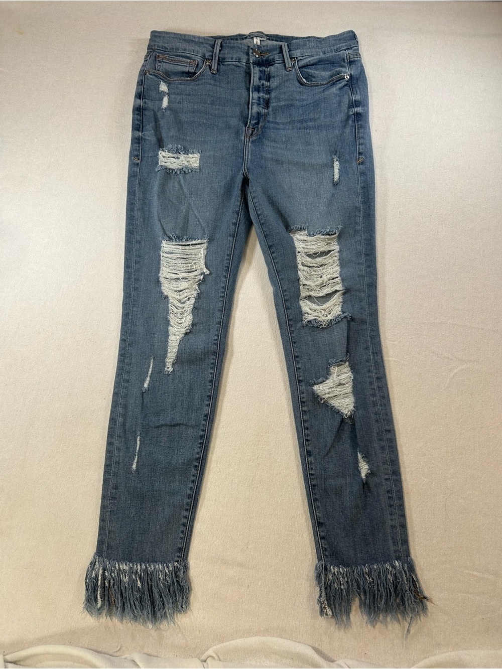Good American Distressed Skinny Jeans with Fringe Hem - Blue
